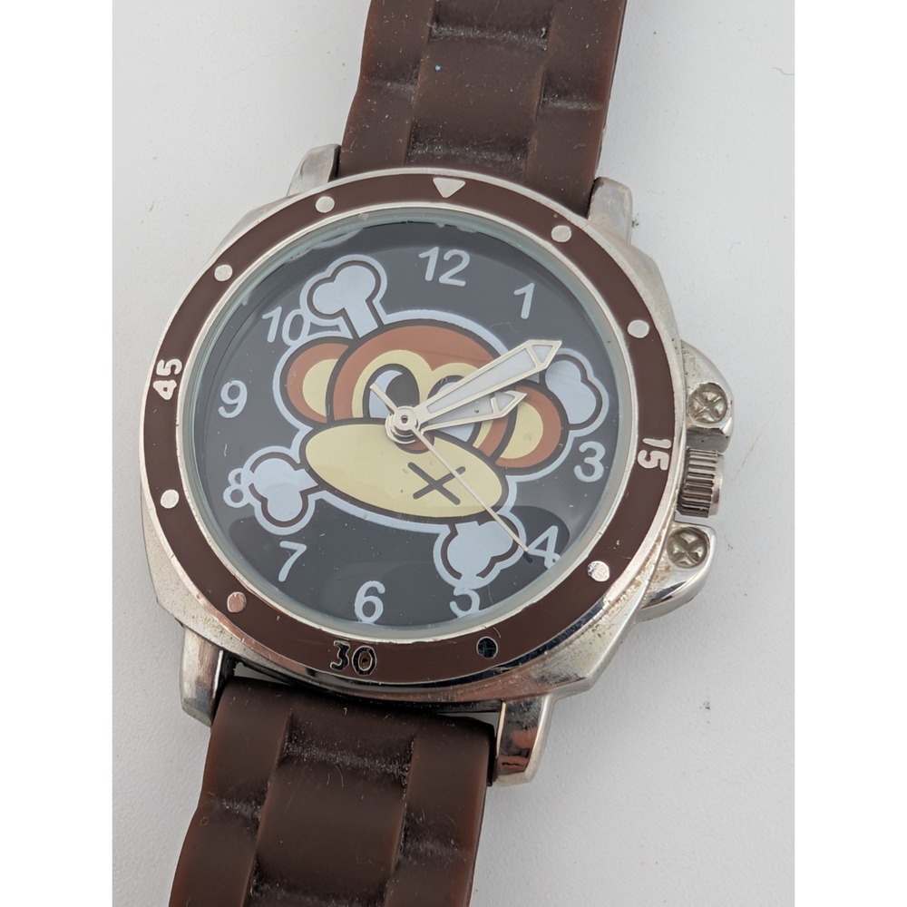 Monkey Watch Kids Youth Silver 31mm Case Brown Silicone Band- New Battery